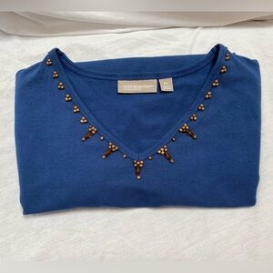 NWT Croft & Barrow Beaded Cotton and Stretch V Neck Tee Size Petite Large